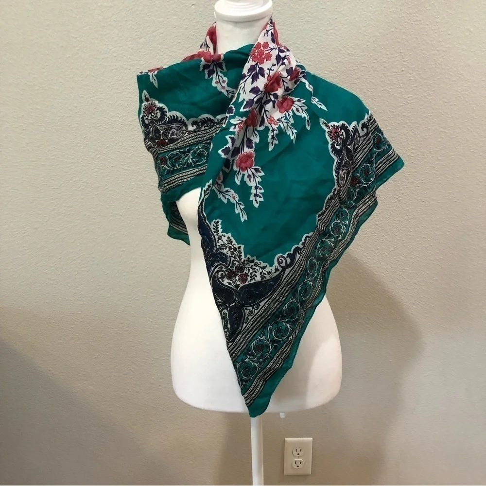 WRAP/SCARF. Floral.  Green with pink flowers and jewel tone paisley edge   OS - Picture 4 of 6